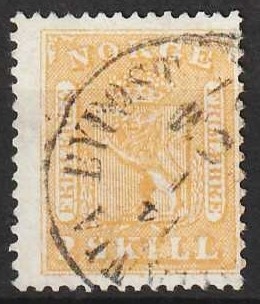 FRIMÆRKER NORGE | 1863 - AFA 06 - 2 sk. gul - Stemplet